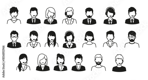 Set of black and white silhouette avatars for call center and customer support team members featuring various hairstyles and headsets.