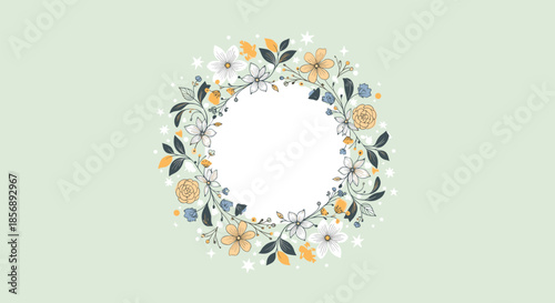 Delicate floral wreath frame with white and yellow flowers, green leaves, and stars on a soft green background for invitations and cards.