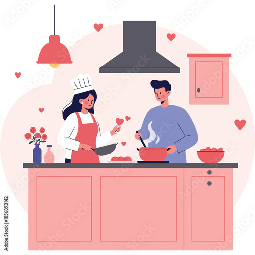 Happy Couple Cooking Together in Modern Kitchen with Pink Cabinets and Romantic Hearts Decor