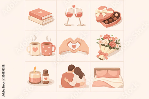 Flat icons of intimate romantic moments with books, chocolates, flowers, and heart mugs