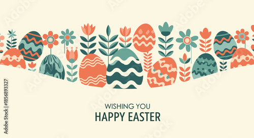 Colorful decorated eggs and stylized flowers are arranged in a festive row above a wishing you a happy easter greeting message.