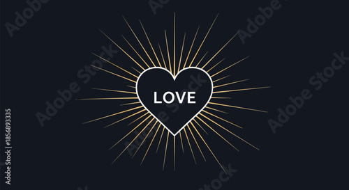 White text saying love is placed inside a black heart icon with elegant golden starburst lines radiating out on a dark background.