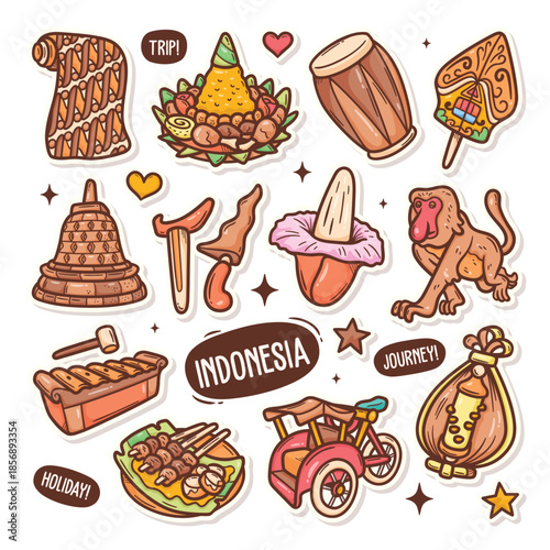 Vibrant collection of cartoon icons representing Indonesian culture and traditions.