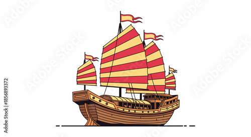 Traditional chinese junk boat features striped red and yellow sails and a detailed wooden hull, showcasing classic maritime heritage.