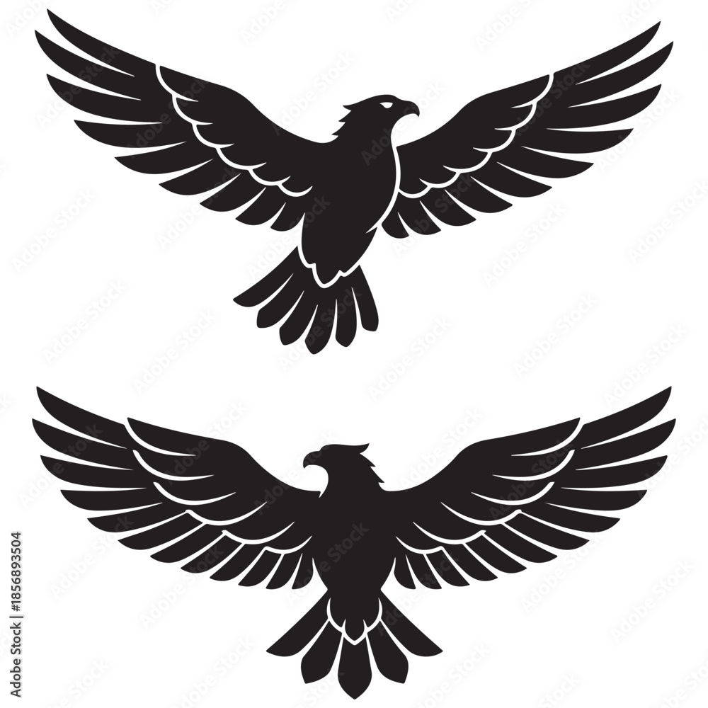 Fototapeta premium Two stylized flying eagles black silhouette strength freedom logo