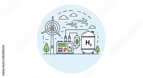 Hydrogen production cycle is illustrated with a wind turbine, an electrolyzer, and a storage tank within a clean circular frame.