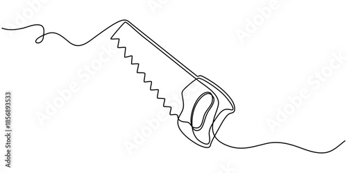 Saw tool. One line continuous saw. Line art, outline, single line silhouette. Hand drawn vector illustration.