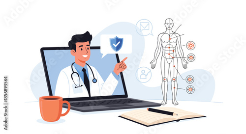 Online medical platform shows a friendly doctor on a screen pointing to a human anatomy diagram for patient health education.