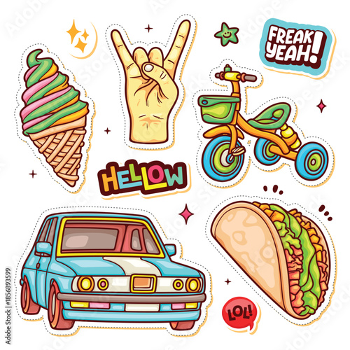 Colorful cartoon sticker set featuring ice cream cone rock hand gesture tricycle vintage car taco and fun phrases.