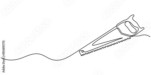 Saw tool. One line continuous saw. Line art, outline, single line silhouette. Hand drawn vector illustration.