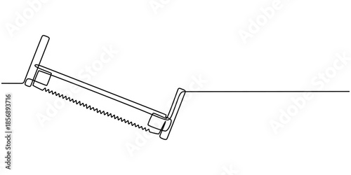 Saw tool. One line continuous saw. Line art, outline, single line silhouette. Hand drawn vector illustration.