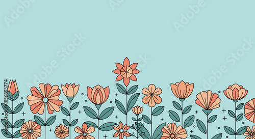 Vibrant horizontal garden border of stylized flowers with black outlines and warm orange and peach tones against a light blue background.
