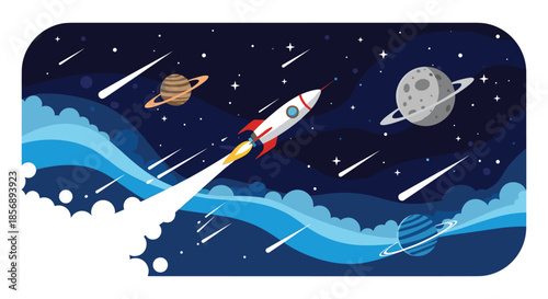 Retro space scene showing a rocket ship launching into a dark blue sky filled with stars, planets, moons, and shooting comets.