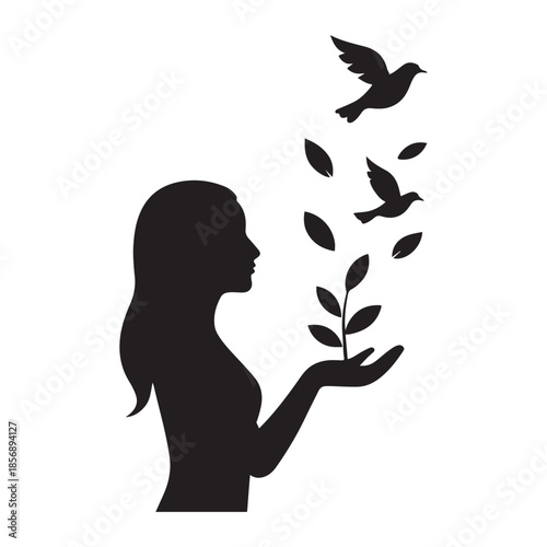 Woman holding plant with birds flying away symbolizing freedom nature