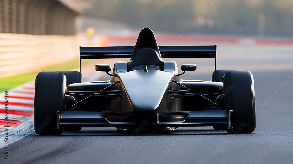 Fototapeta premium A low-angle shot reveals the front of the race car, its aerodynamic design optimized for speed, poised on the track under the soft light of a morning or evening.