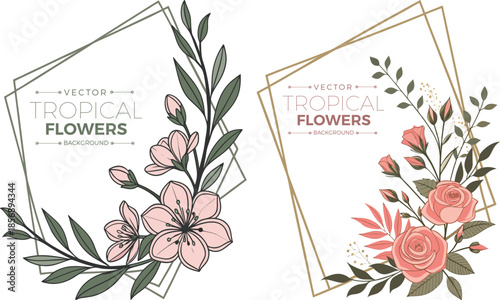 Elegant vector tropical floral frames featuring delicate blossoms and romantic roses
