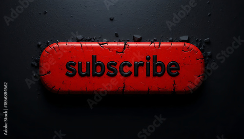 Neon red subscribe buttons featuring cracked textures and dramatic lighting on dark, cinematic volcanic ground.