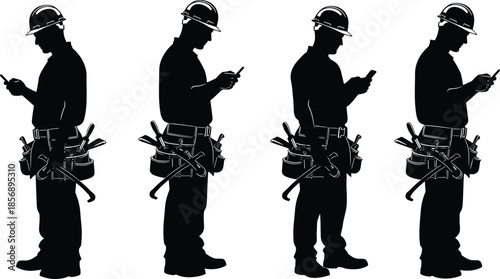 Black and white silhouette of construction workers with hard hats and tool belts using mobile phones, representing digital industrial technology, communication.