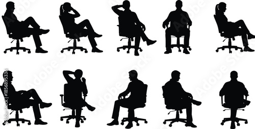 Black silhouettes of people sitting in office chairs, ten minimalist figures in professional poses, corporate workspace icons for business architectural design,