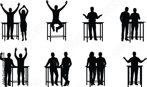 Black silhouettes of people standing at tall tables, eight figures celebrating and jumping in various poses, minimalist party or business event,