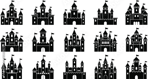 Collection of fifteen medieval castle silhouettes featuring fortress towers with flags, kingdom palace icons, historic stronghold architecture, and fairytale royal building vectors