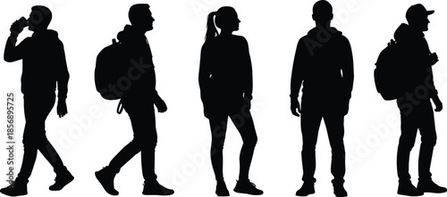 Collection of six black human silhouettes featuring people walking, standing, carrying backpacks, drinking coffee, and casual urban poses in minimalist style,