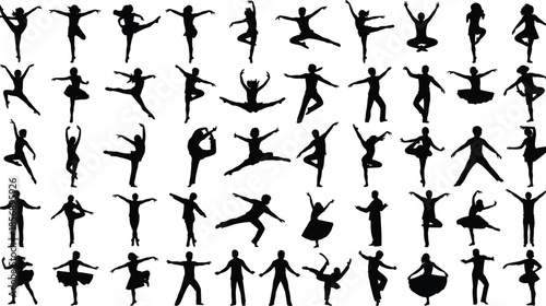 Dynamic Black Silhouette Figures 10x5 Grid: Diverse Dancers & Athletes Leaping, Twirling, Jumping, and Balancing in Energetic Movement Poses Against Clean White Background Backdrop.