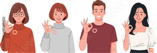 Flat minimalist vector illustration of four diverse people smiling and showing okay hand gestures on white background, modern lifestyle design, 2025.