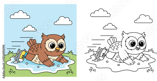 Funny cute owl falling down while ice skating on puddle, vector cartoon illustration with black and white coloring book outline.