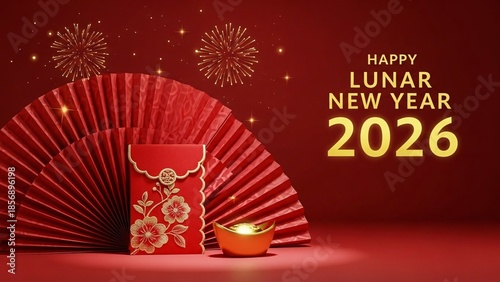 Lunar new year 2026 festive still life with paper fans gold sycee and red packet on background