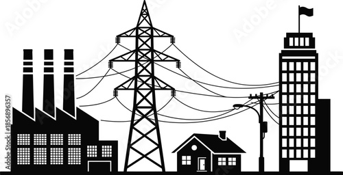 Industrial urban landscape silhouette featuring factory smokestacks, electrical power towers, residential house, city office building, utility poles, and metropolitan skyline vector illustration,