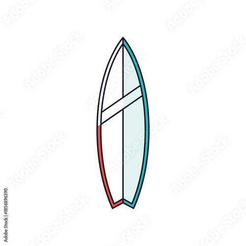 Minimalist Surfboard Illustration with Red and Blue Accents.