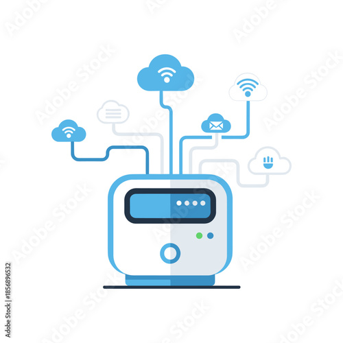 Modern wireless router with cloud connectivity and data transfer illustration.