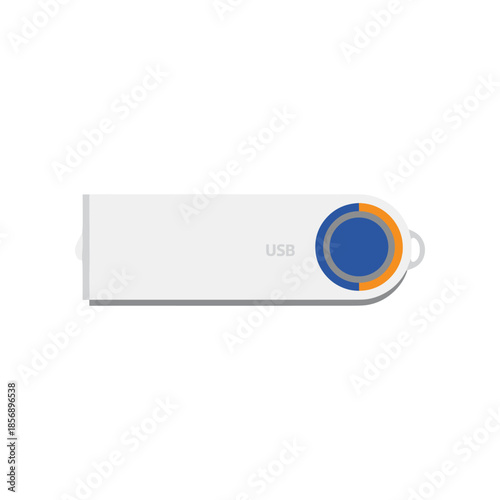 Modern white USB flash drive with blue and orange circular design.