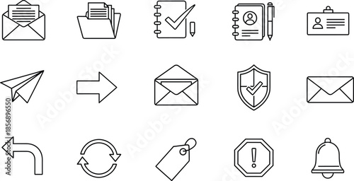 Minimalist black and white communication icons set on white background featuring email folders security shields and notification symbols for business interface