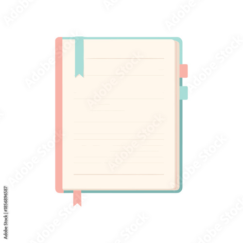 Open notebook with colorful bookmarks and blank pages for notes and ideas.