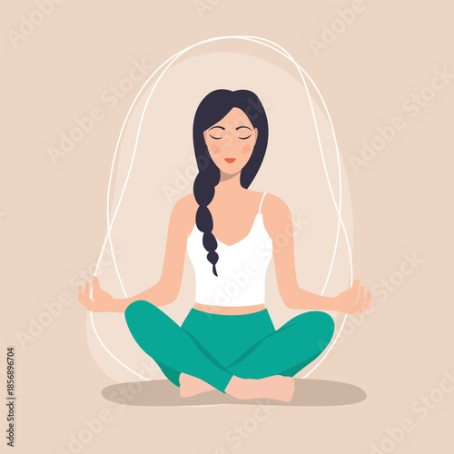 Personal Boundaries concept. A woman sits in the lotus position surrounded by boundaries