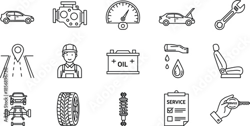 Minimalist black line art automotive icons set on white background featuring car repair service engine battery and mechanic symbols for maintenance