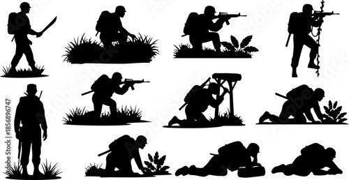 Modern Military Soldier Silhouette Set with Tactical Weapons Black Vector
