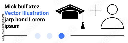 Graduation cap and user profile icon accompanied by text and geometric shapes. Ideal for education, learning, online courses, student profiles, academic platforms, networking, simple landing page
