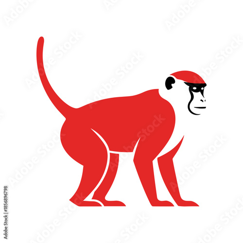 Red monkey illustration with white face and black details standing proudly.