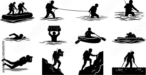 Modern Military Soldier Silhouette Set with Tactical Weapons Black Vector