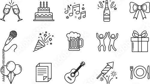 Minimalist black line art party icons set on white background featuring celebration cake balloons champagne and fireworks symbols for event planning