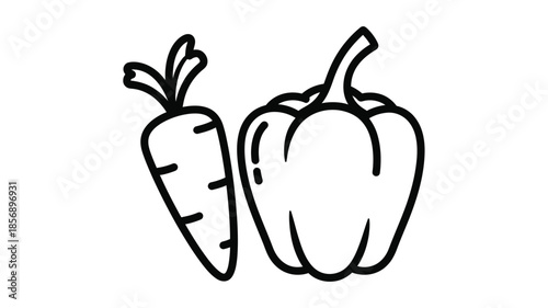 Simple black and white illustration depicting a carrot and a bell pepper side by side