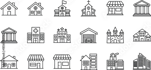 Minimalist Buildings and Structures Line Art Icon Set, Residential, Commercial, Public, Education, and City Skyline Vector Graphic Collection