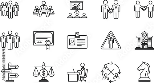 Minimalist Business and Organization Line Art Icon Set, Teamwork, Meeting, Corporate Structure, Strategy, and Balance Vector Graphic Collection