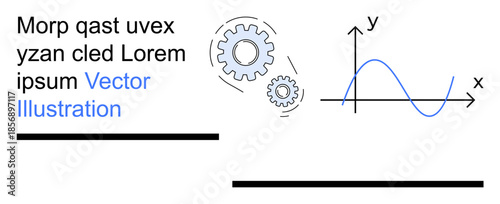 Engineering, mathematics, data analysis, education, innovation, technology. Gears with mathematical sine wave graph and placeholder text. Engineering and mathematics concept