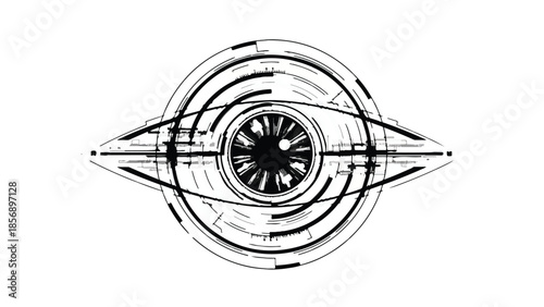 Futuristic eye illustration with concentric circles and abstract design elements on white background for creative concept