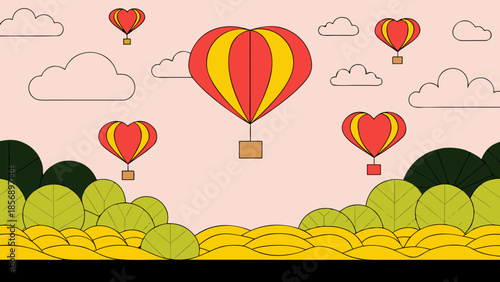 Hot air balloons floating over a lush landscape