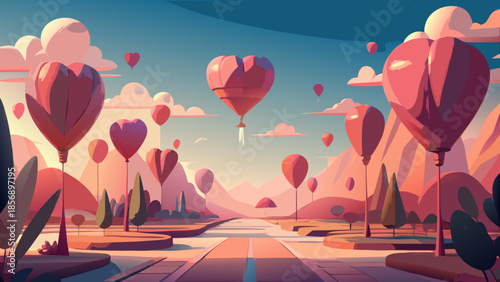 Heart shaped hot air balloons in a whimsical landscape